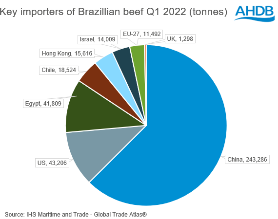 pie chart showing the key importers of Brazilian beef by tonne